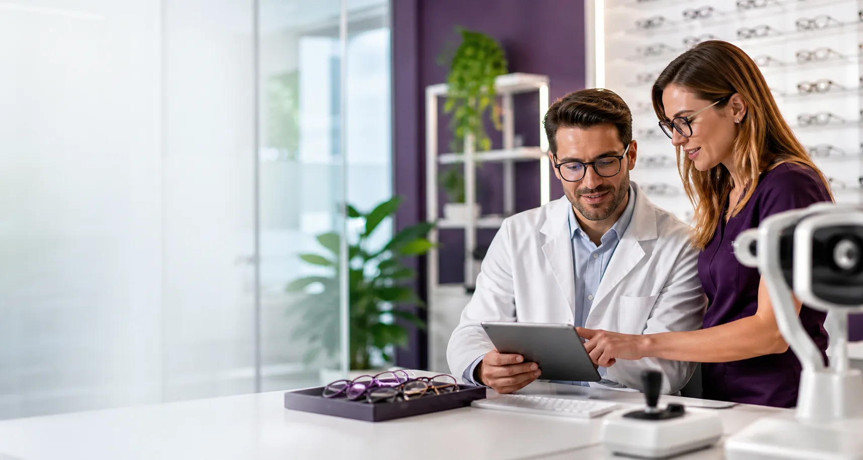 Optical professionals in a modern practice reviewing eyewear and digital notes